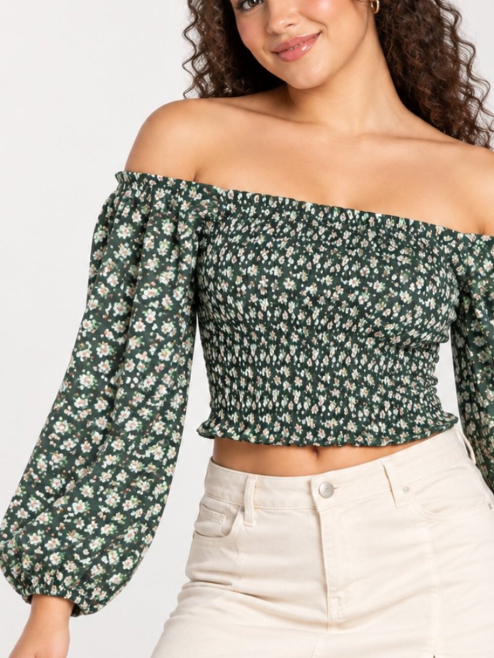 Justify Green Floral Smocked Crop Top Women's Large Puff Sleeve